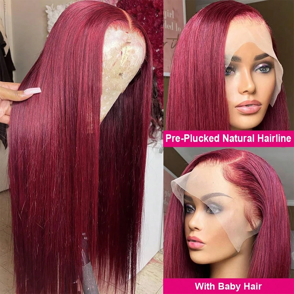 34 بوصة 99j بورجوندي الباروكات شعر الإنسان 13x4 HD الدانتيل أمامي باروكة من شعر طبيعي 250% الكثافة قبل قطعها مستقيم شعر مستعار أحمر اللون #2
