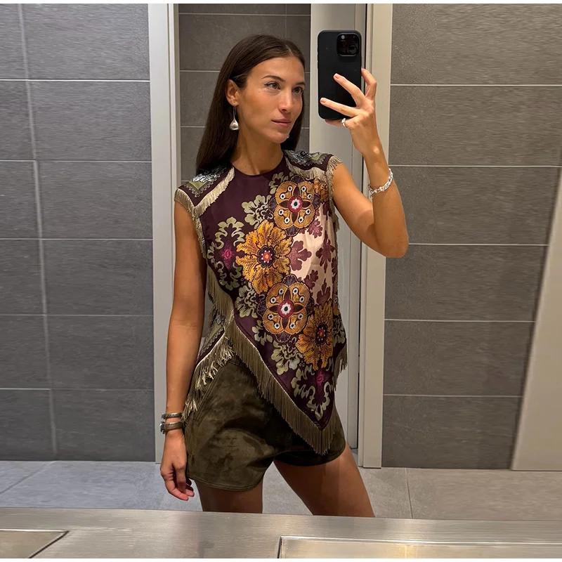 Vintage Quasten-Top mit Unregelmäßigem Muster für Damen, Figurbetont, O-Ausschnitt, Ärmellos, Patchwork-Weste, Sommer 2026 Urlaub Strand Tanktop Neu – Detail 2