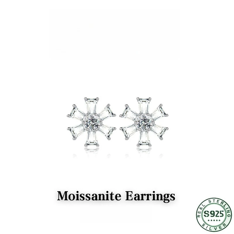 Hot selling 100% S925 Silver Sunflower Earrings, High grade Feeling Ladder Square Mozambique Diamond Earrings, Wedding Jewelry