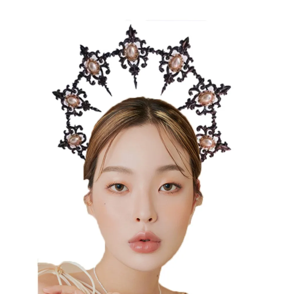 Exquisite Luxury Baroque Hair Hoop Shiny Stage Performance Rhinestone Crown Elegant Sacred Goddess Halo Headwear Bridal