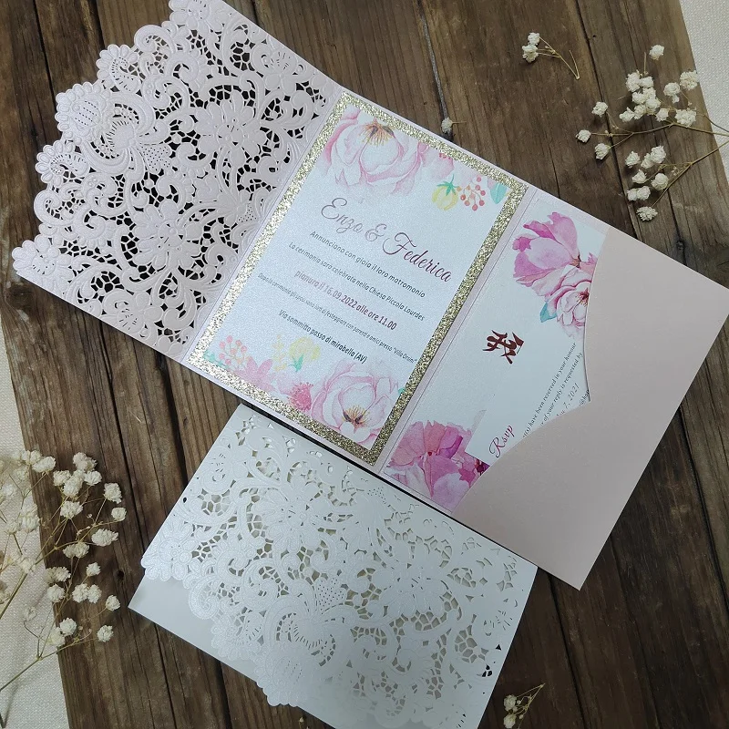 

50 pieces Elegant Embossed Laser Cut Flower Trifold Invitation Card Pockets Folder