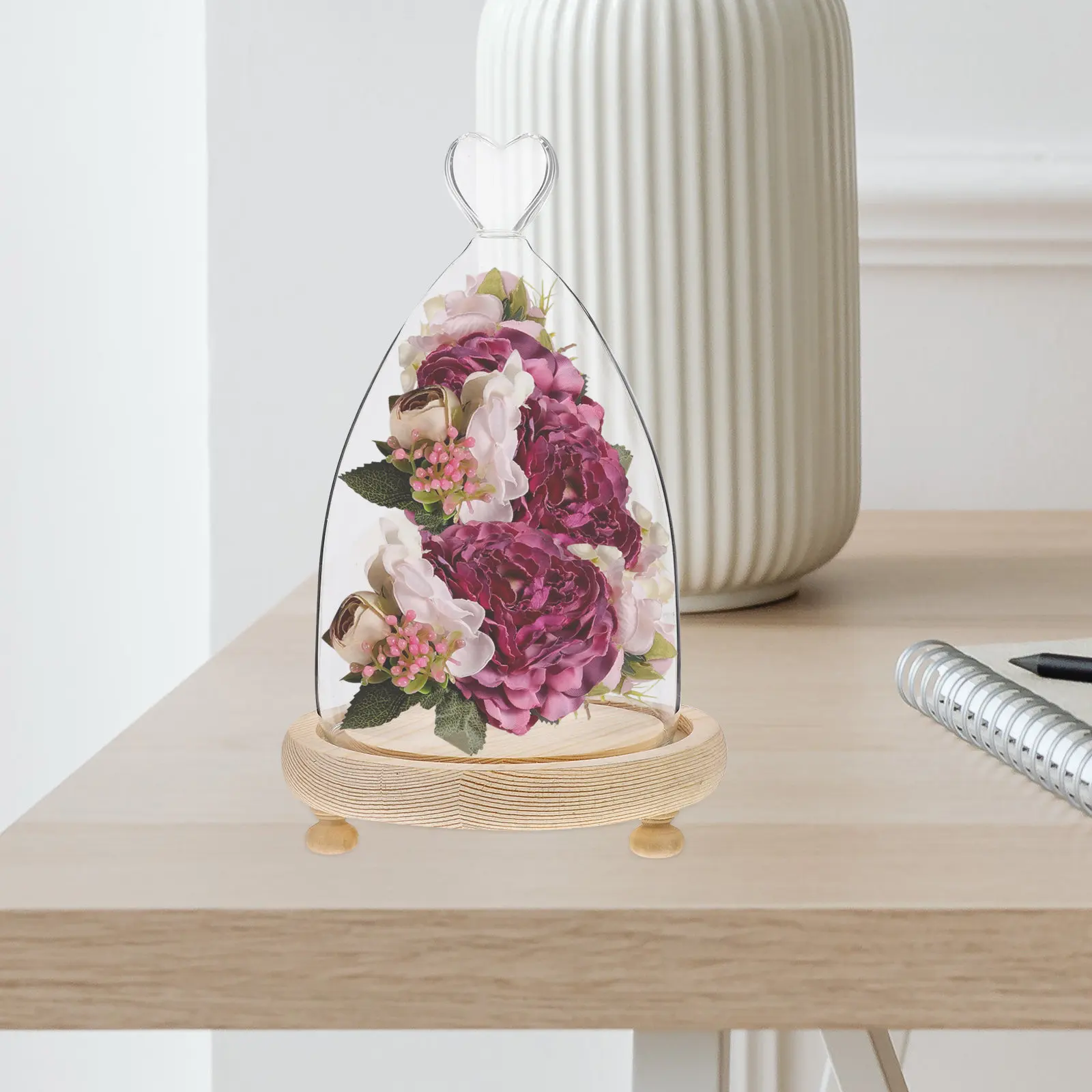 1Set Love Heart Preserved Flower Glass Cover Clear Glass Dome Floral Decor Wood Base Delicate Desktop Decoration Landscape
