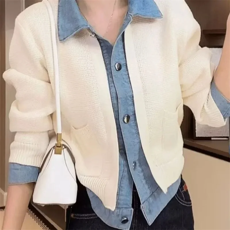 

Ladies Denim Striped Stitching Knit Cardigan Two New Autumn Sweaters Ladies Joker Comfortable Sweater Slim Single-breasted Top