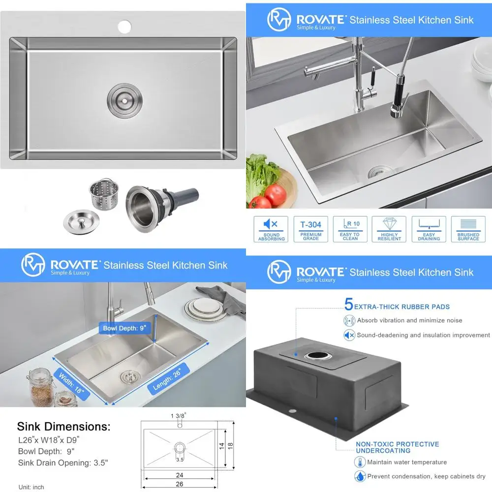 حوض مطبخ ستانلس ستيل 26 × 18 بوصة وعاء واحد 9 جبل عميق تصميم قطرة مصنوع يدويًا مع فتحة واحدة للصنبور