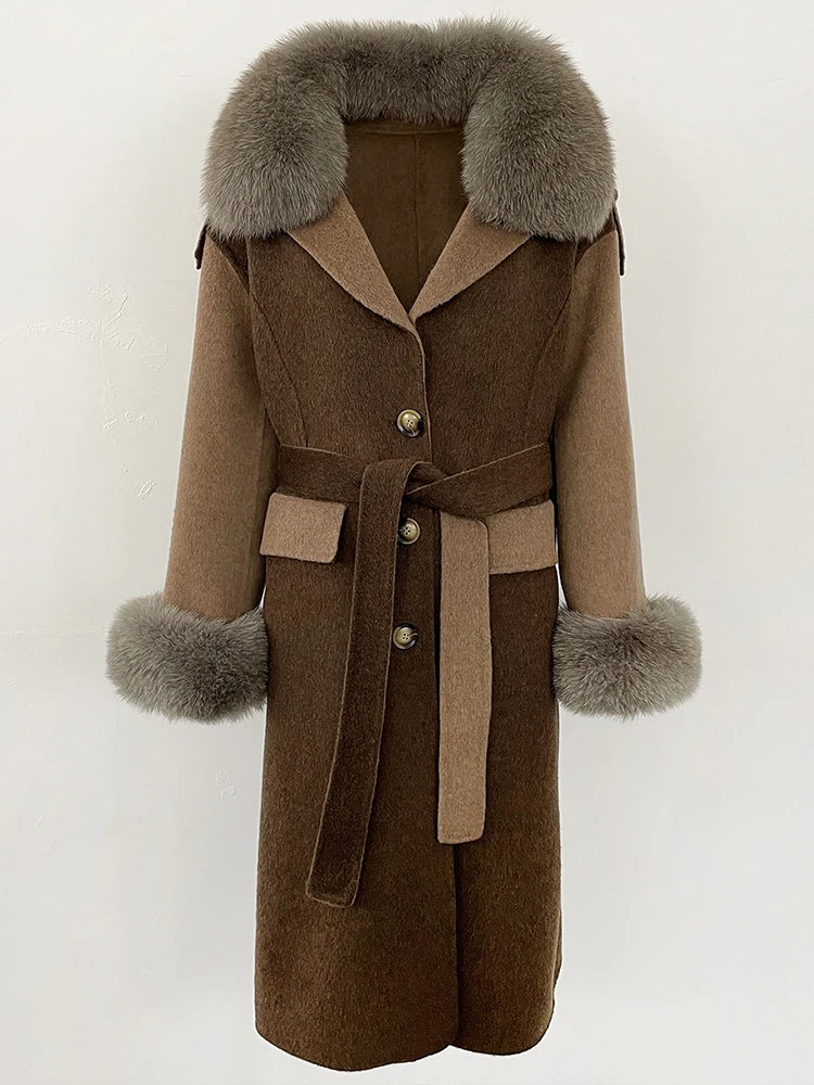 Frauen Patchwork doppelseitigen Woolen Kaschmir Mantel Echt Fox Pelz Manschette Wolle Jacke Weibliche Neue Winter Echtpelz Kragen kleidung