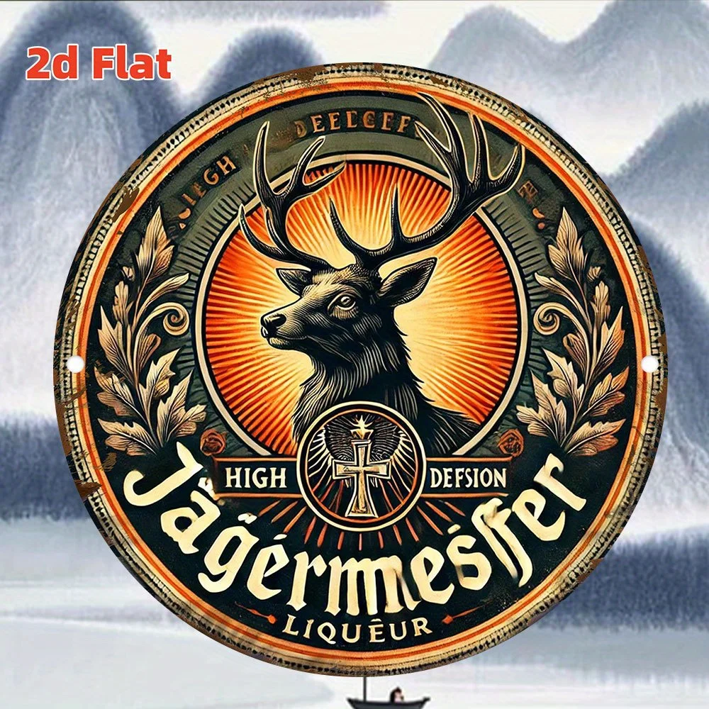Letrero Redondo de Madera Vintage Jagermeister, Arte de Pared Rústico con Impresión Plana 2D, Decoración Estética Retro de Licor Alemán, Diseño de Caza de Ciervos
