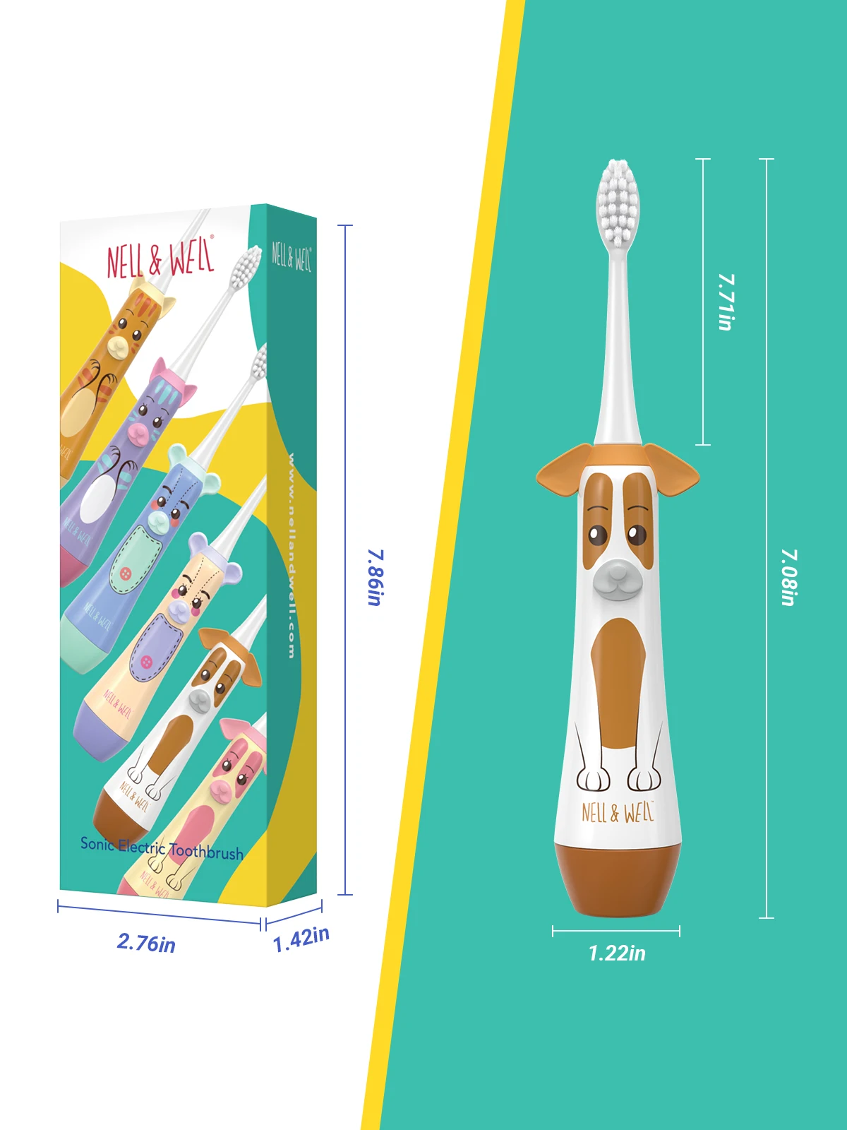 NELL&WELL Kids Electric Toothbrush Battery Powered Toothbrushes with 3 Soft Bristles Heads for Children Boys Girls Ages 3+ IPX7