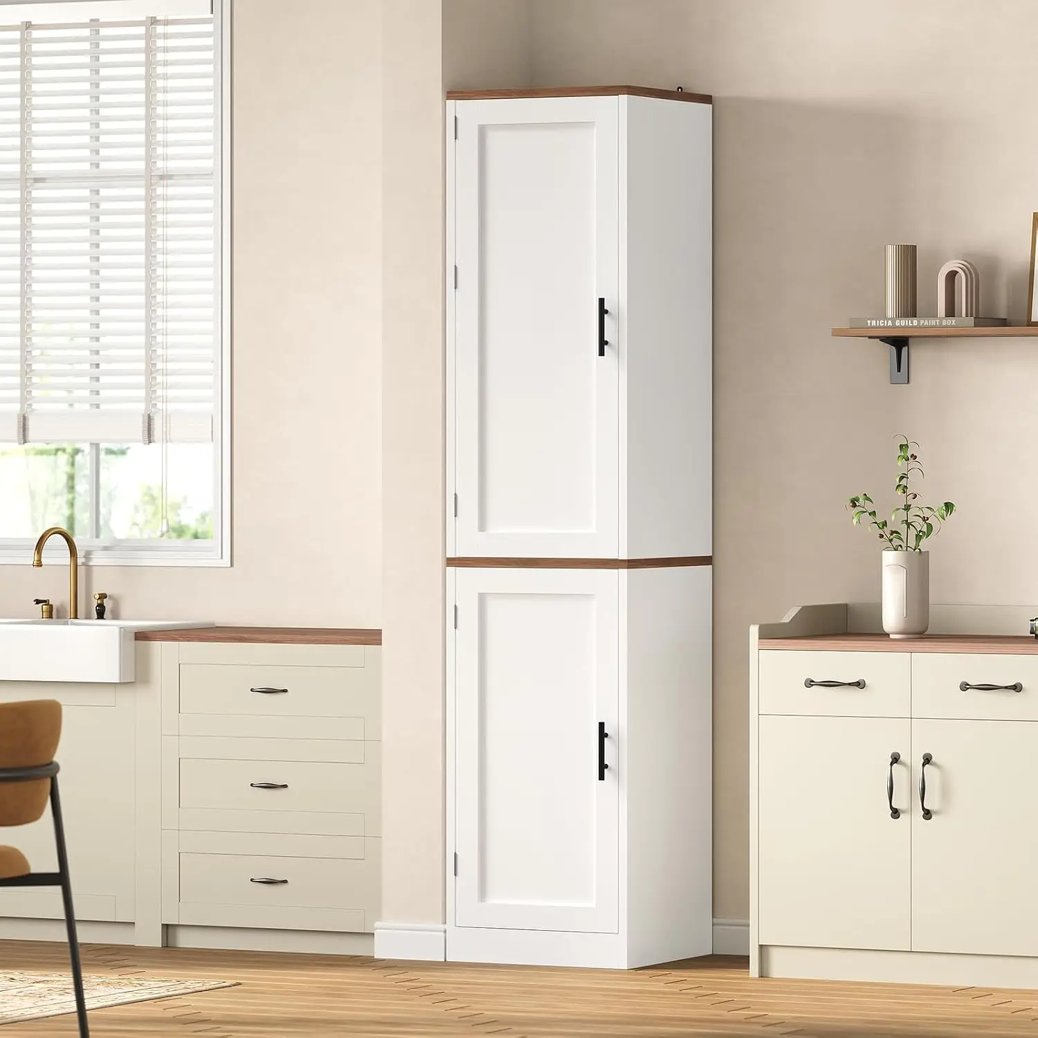 Narrow Kitchen Pantry Cabinet With 3 Door Shelves & 3 Drawer, White, Customized