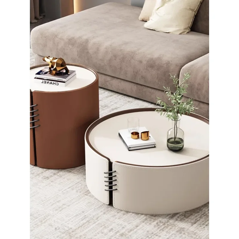 Light luxury high-end Italian-style size round storage coffee table combination small apartment living room household saddle lea