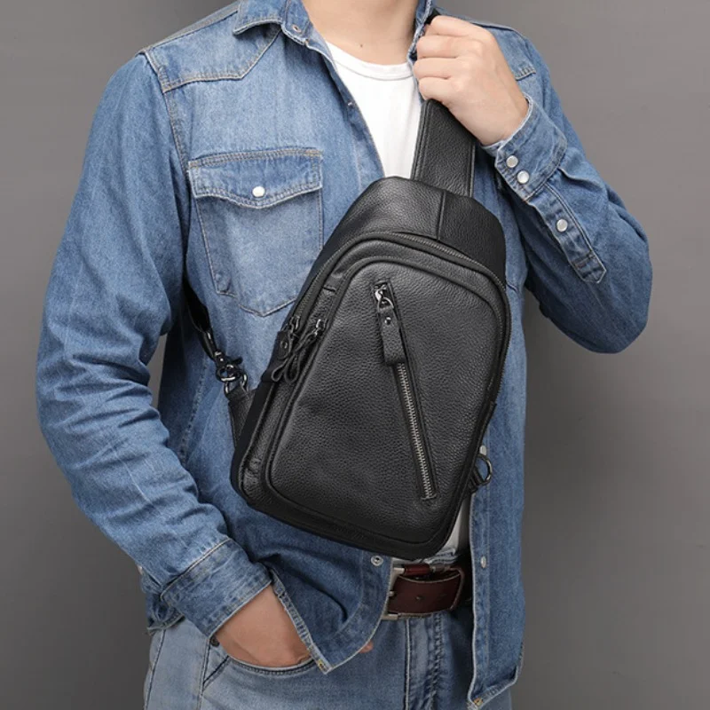 Imagem -06 - Bolsa de Peito de Couro Genuíno para Homens Bolsa de Ombro Preta Messenger Bolsa Bolsa de Viagem Crossbody Marca de Designer Moda Novo