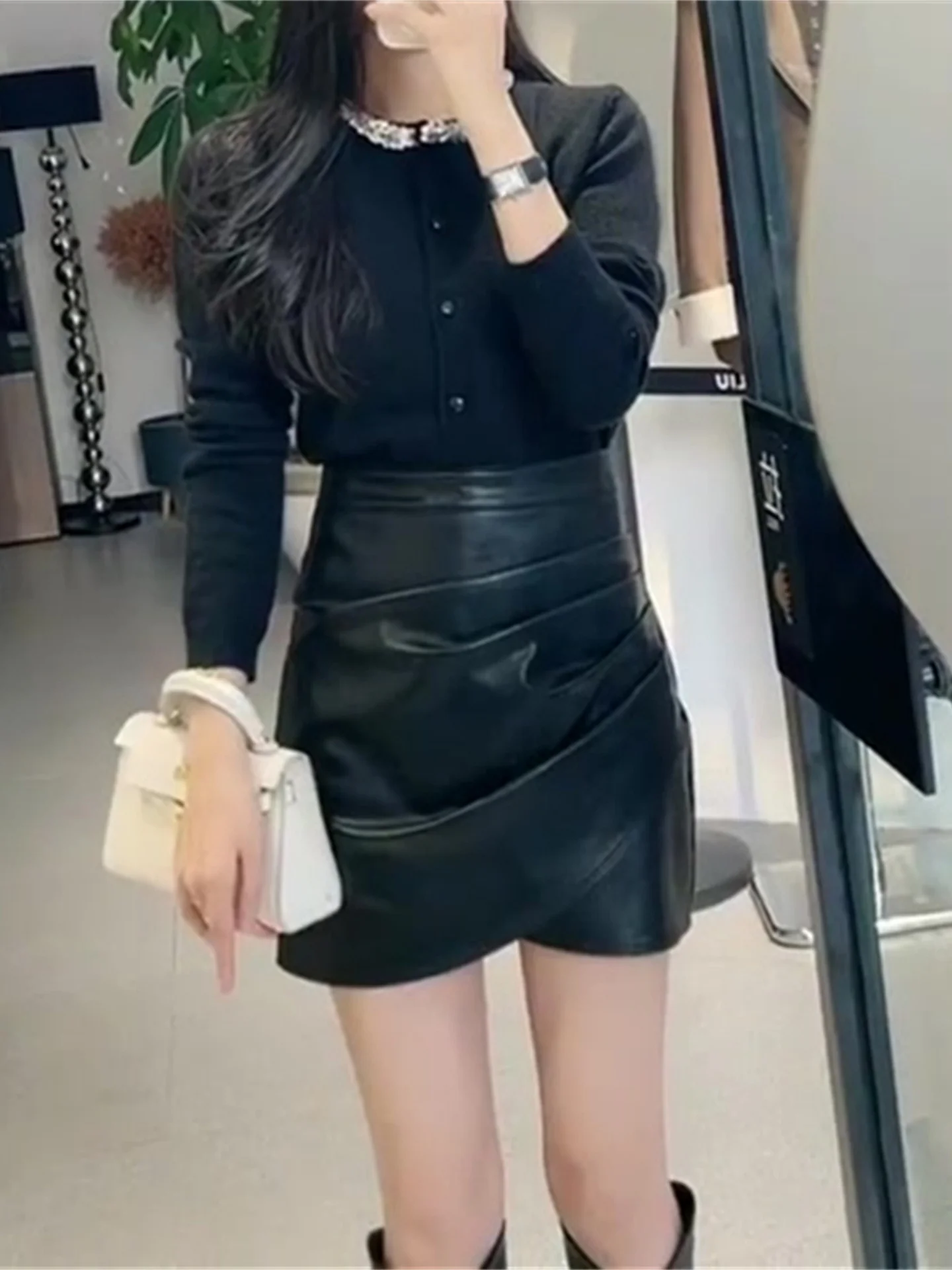 

Юбка женская плиссированная из искусственной кожи с высокой талией, асимметричного кроя, оверсайз, макси, повседневная, для офиса