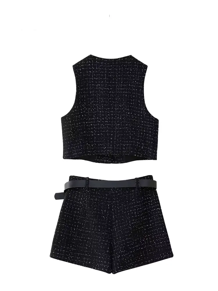 HH Female Set Black O-Neck Sleeveless Button Single Breasted Waistcoat+High Waist Belt Shorts Summer Suit Woman 2024 Trendy