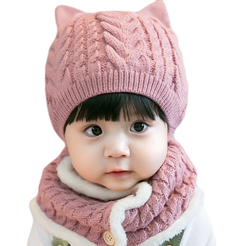 Kleinkind Baby Kinder Winter 2 Stück Beanie Mütze mit Knopf Kreis Schal Set Niedlicher Cartoon für Katzenohren Zopfmuster