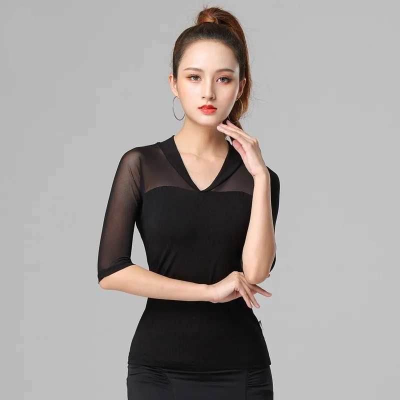 New Mesh Black V-neck Tops Latin Women Dance Practice Clothe Ballroom Professional Modern Dance National Standard Training Shirt