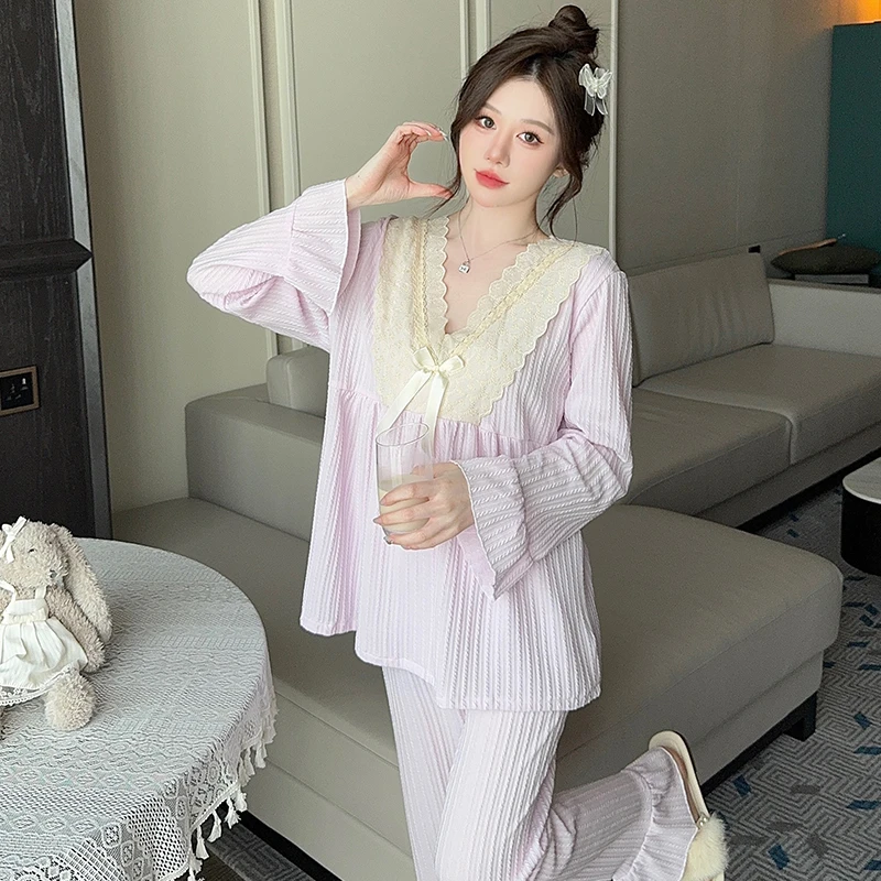 Spring and Autumn Women's V-neck Pullover Pajamas Solid Color Loose Sweet Long-sleeved Trousers Plus Size Pajamas Set Home Wear