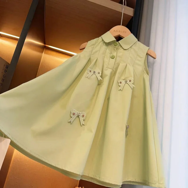 

New Girl Bow Dress2024New Children's Western Style Sleeveless Doll Collar Children Vest Skirt