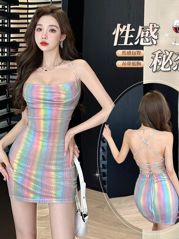 Tank Mini Dress Slash Neck Lingerie Sexy Elegant Spicy Girl Gradient Rainbow Slim Backless Strap Dress Elegant 2023 New Top L1GN