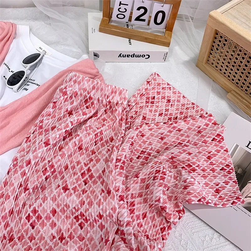 

High Waist Wide Leg Pants Women's Summer Thin Straight Loose Casual Pants Pink Floral Embossed Loose Fit High Waist Floor-Length