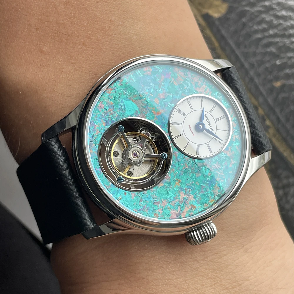 Merkur 100% توربيون ساعة رجالية تيتانيوم زهرة الجليد الهاتفي ساعة ياقوت للرجال ساعات المعصم الميكانيكية Relogio Masculino