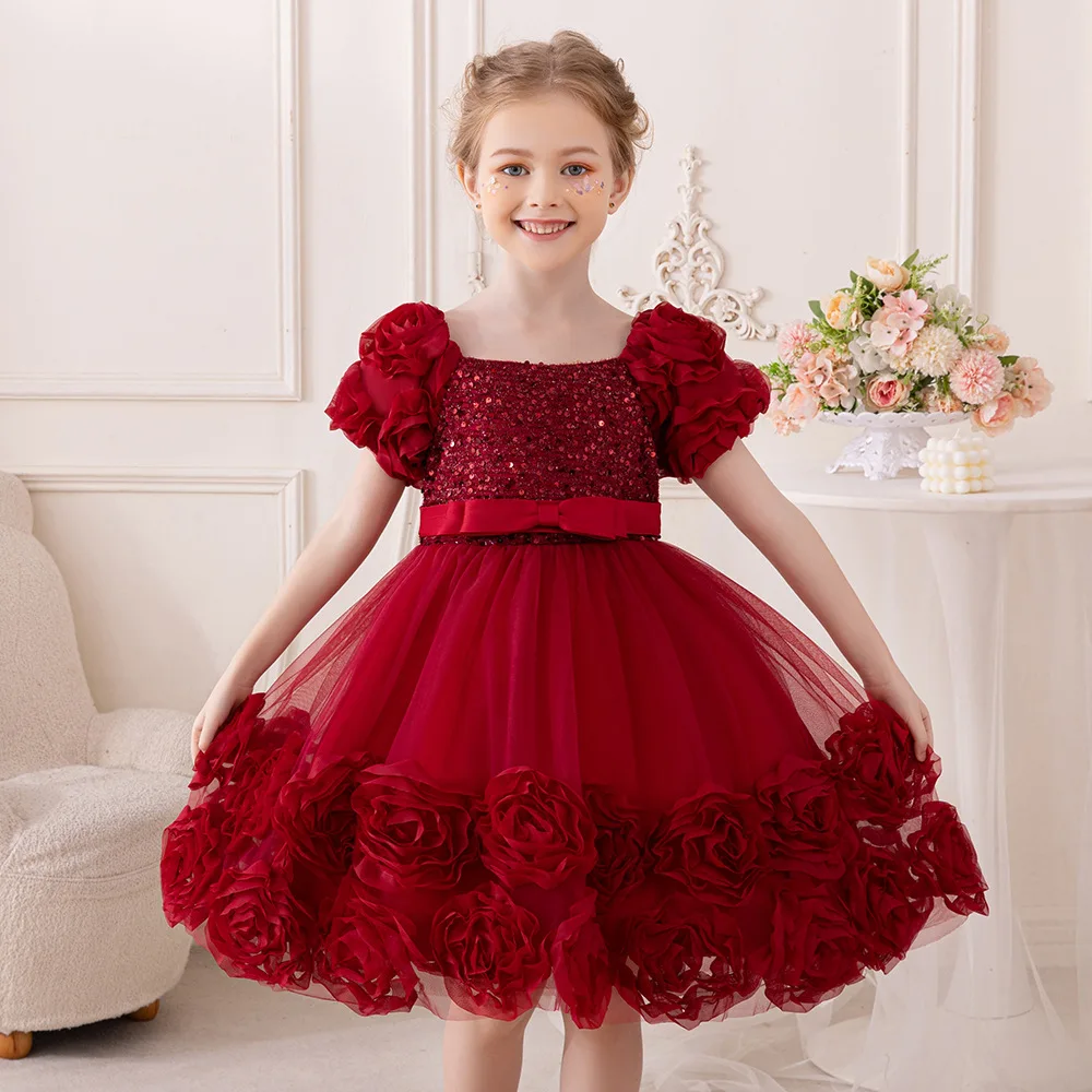 Young Sequin Birthday Party Dress Princess Gown For Girls Kids Floral Summer Daily Costumes Girl Fashion Tutu Dresses New Wear