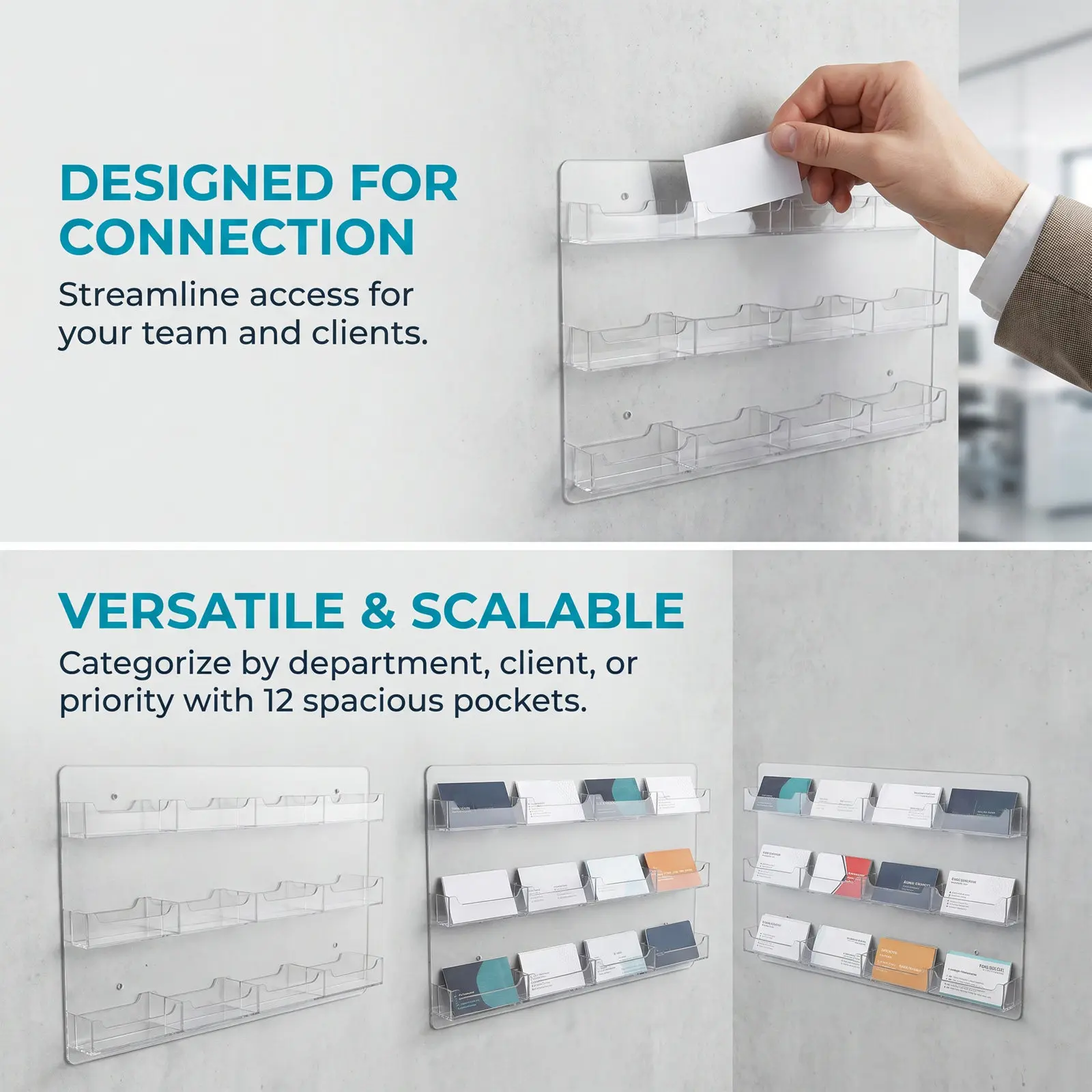 12-Grid Wall Mounted Business Card Holder Acrylic Organizer Stand Multi Pocket Clear Plastic Display Rack Office Lobby
