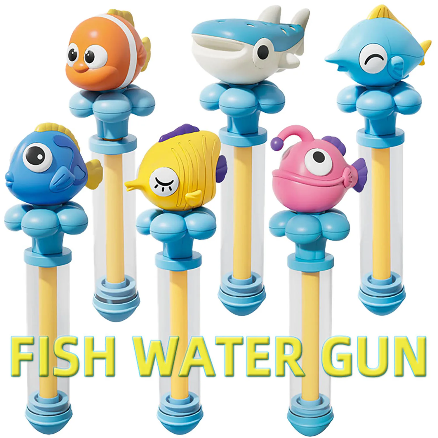 Cartoon marine animals, water cannons, water guns, whales, sharks, outdoor beach bathing, water play, and water toys