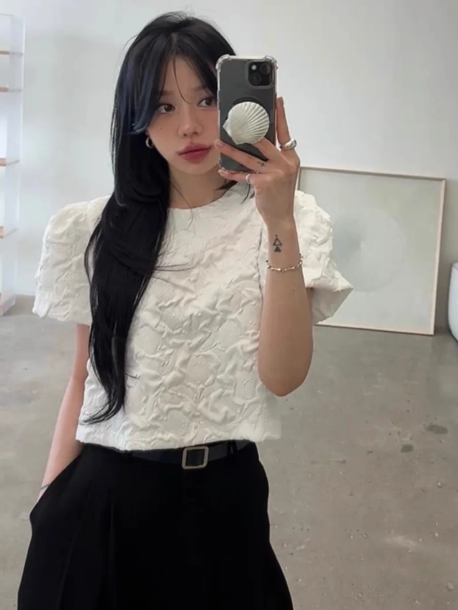 Slimming Texture Bubble Pleat Short Sleeve Shirt Korean Style Skin-Friendly Breathable Polyester Fiber Straight Cut Summer Wo...