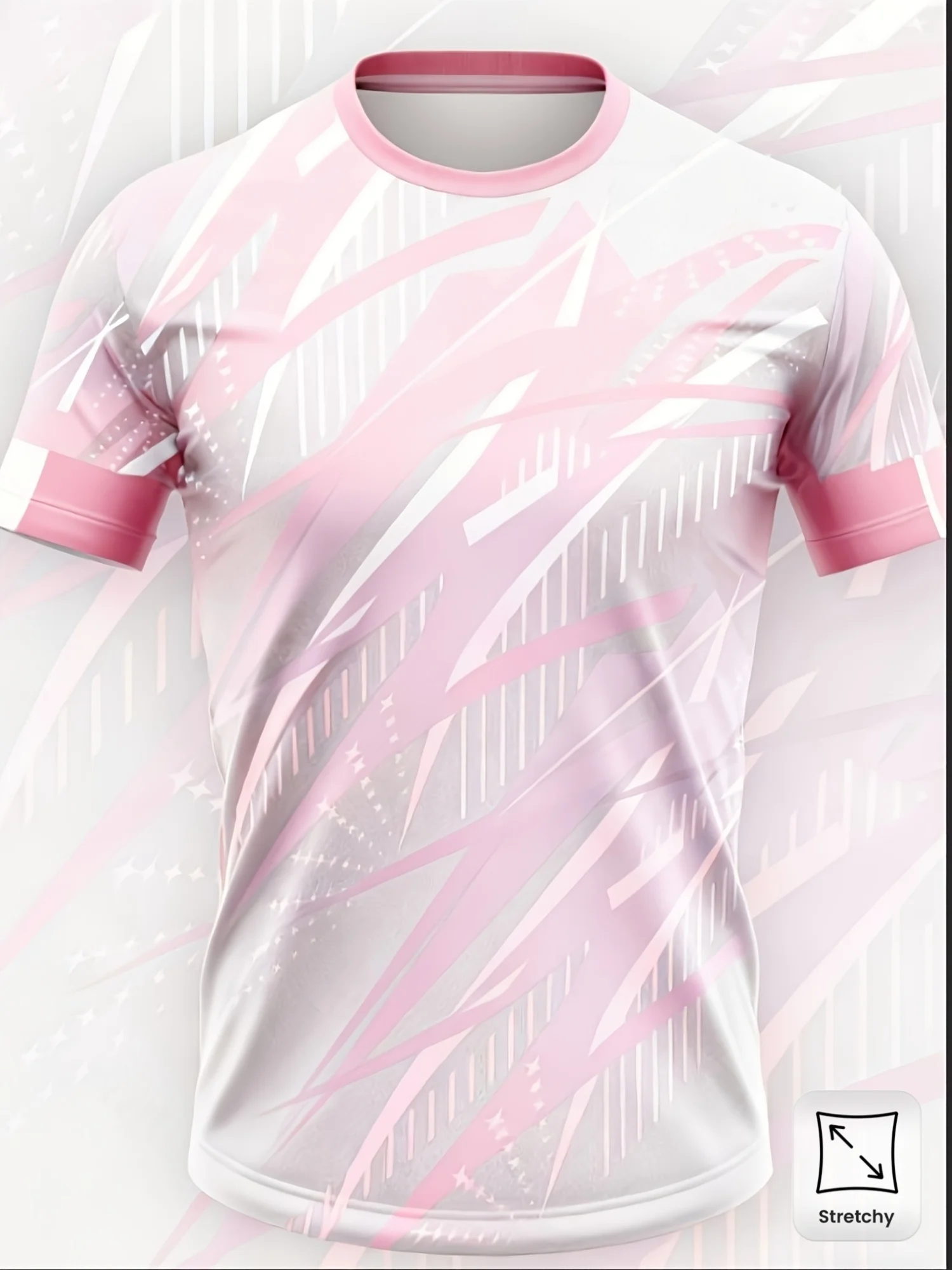 Pink White Abstract Stripe Sport Tee Pink Cuff Crew Neck Quick Dry Training Top