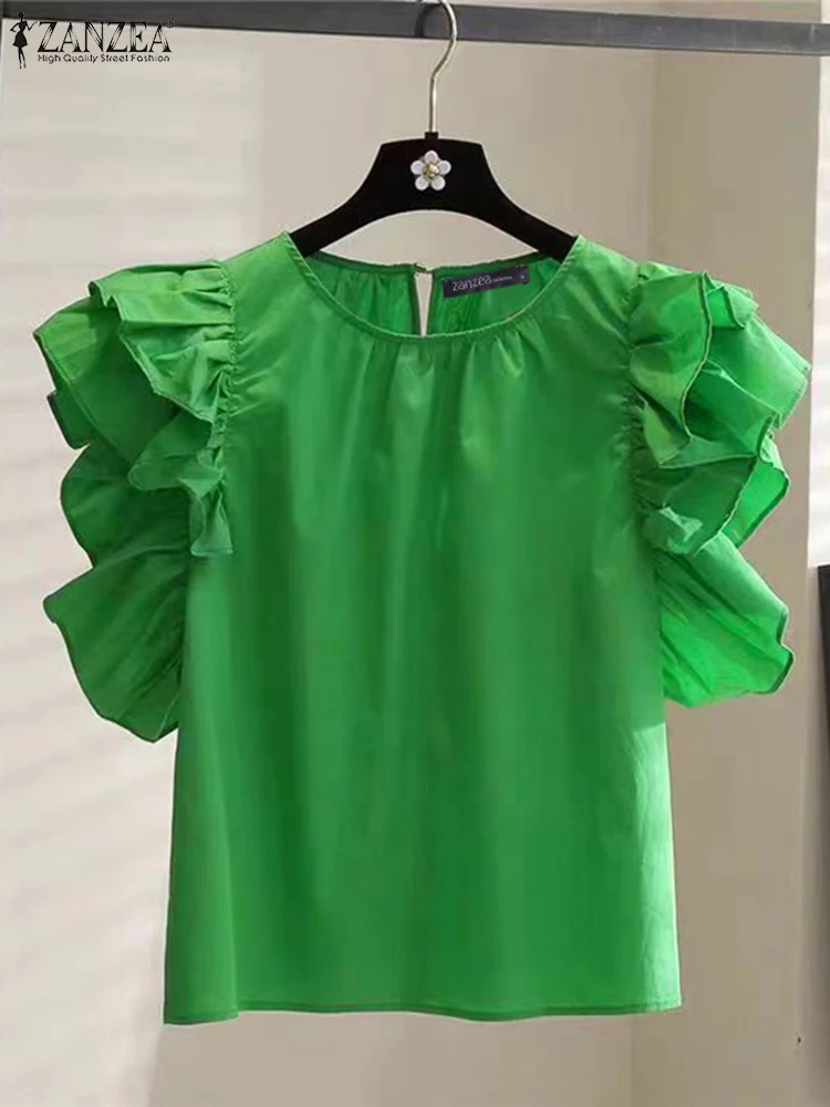 ZANZEA 2025 بلوزة الصيف الكورية موضة المرأة كشكش أكمام تانك القمم عادية مطوي تونك شيك فضفاض تكدرت Blusas فام