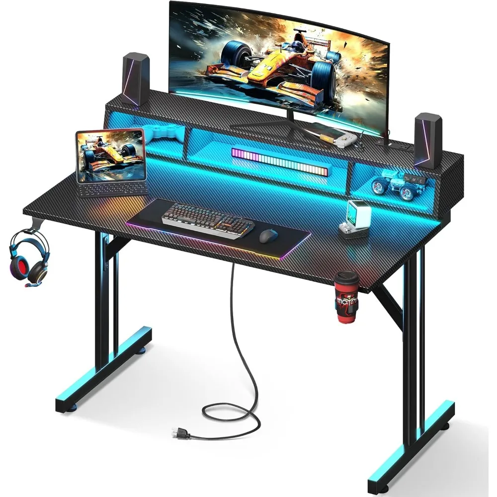 

40 inch Gaming Desk with LED Lights & Power Outlets, Small Computer Gaming Table with Float Monitor Stand, Kids Boys Desk with