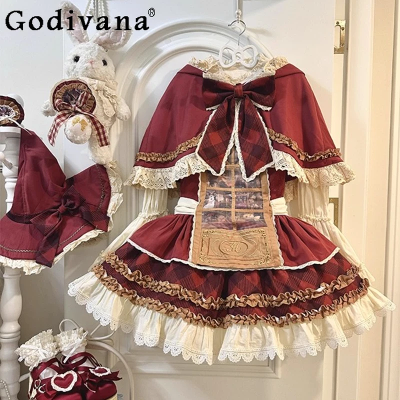 

Cute Daily Doll Lolita Dress for Women Slim Shirt Strap Dress and Cape Set Female Japanese Style Gorgeous Princess Dress