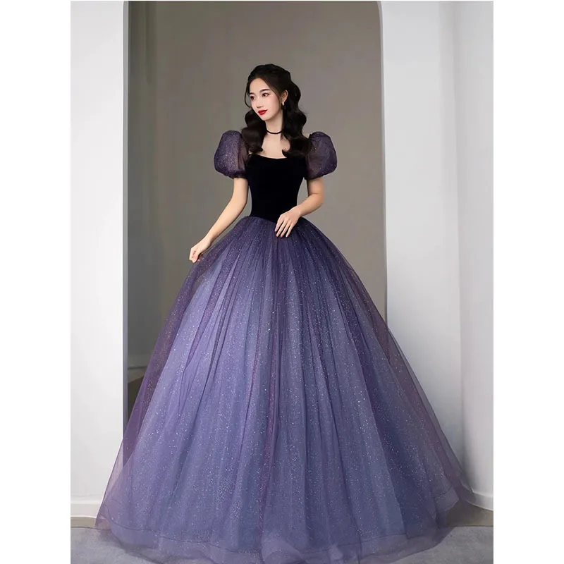 

Elegant Long Evening Prom Gown Women Puff sleeve Princess Formal Occasion Dress Luxury A-Line Birthday Homecoming Toast Dress