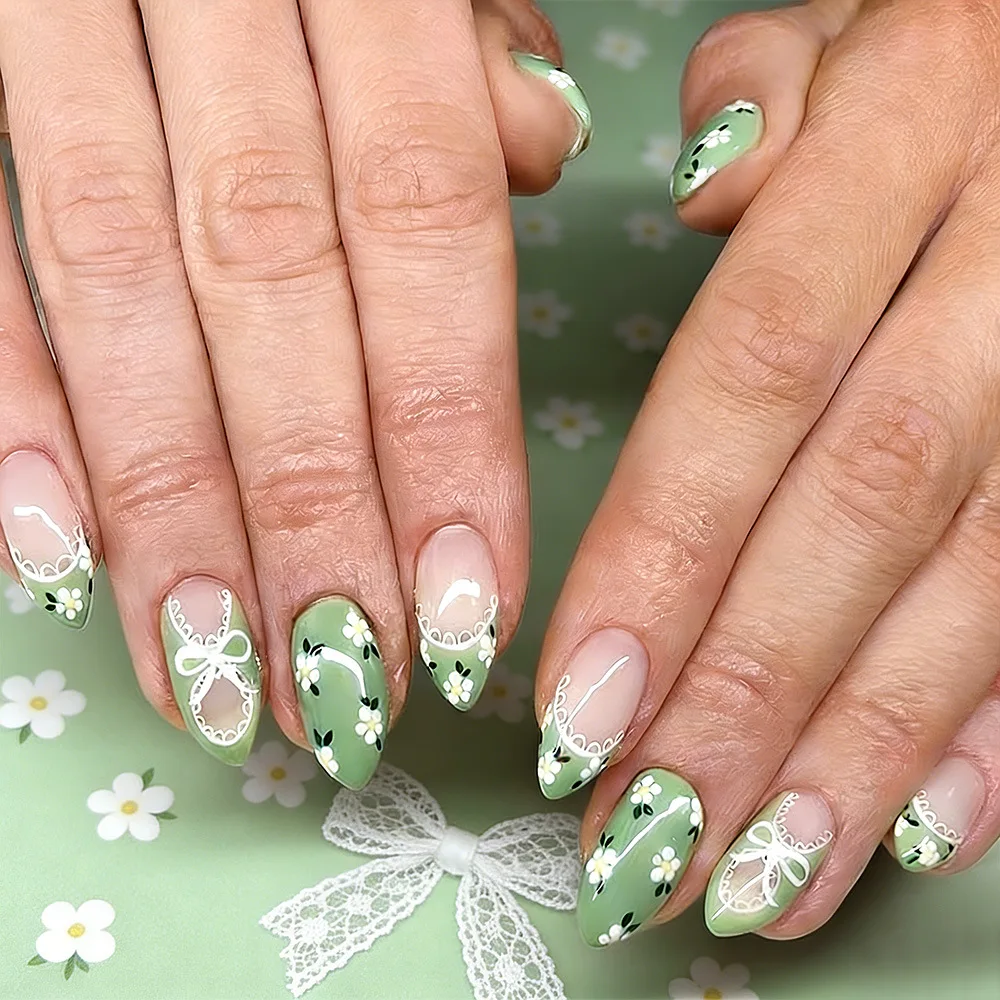 

24Pcs Mid-length Almond Press on False Nails Green Lace French Fake Nails with Simple Flower Bow Reusable Full Cover Nails Tips