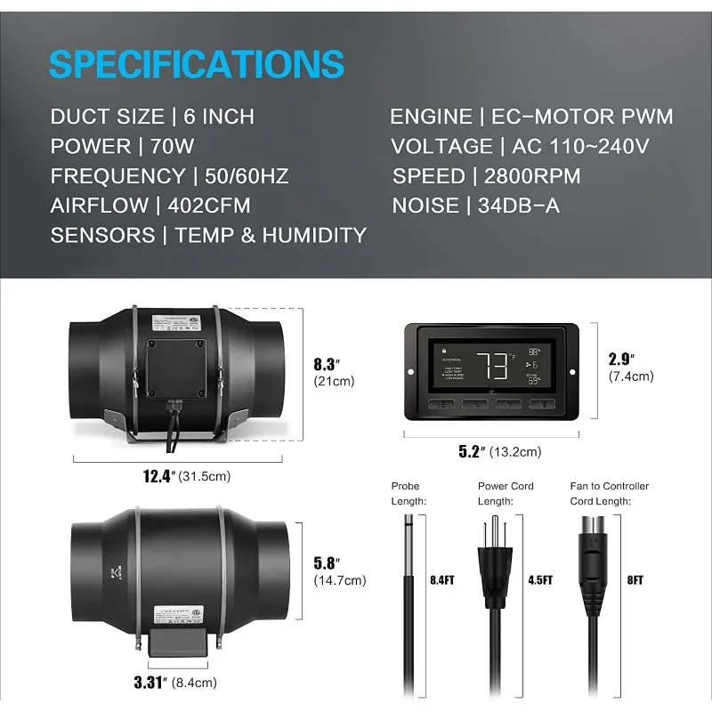 home.6 Inch 402 CFM Smart Inline Duct Fan with Humidity, , HVAC for Grow Tent Ventilation
