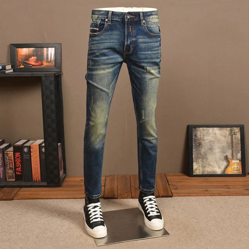 Designer men'sretro  high-quality retro washed elastic slim fit corrugated jeans men's retro pants denim pants hombre