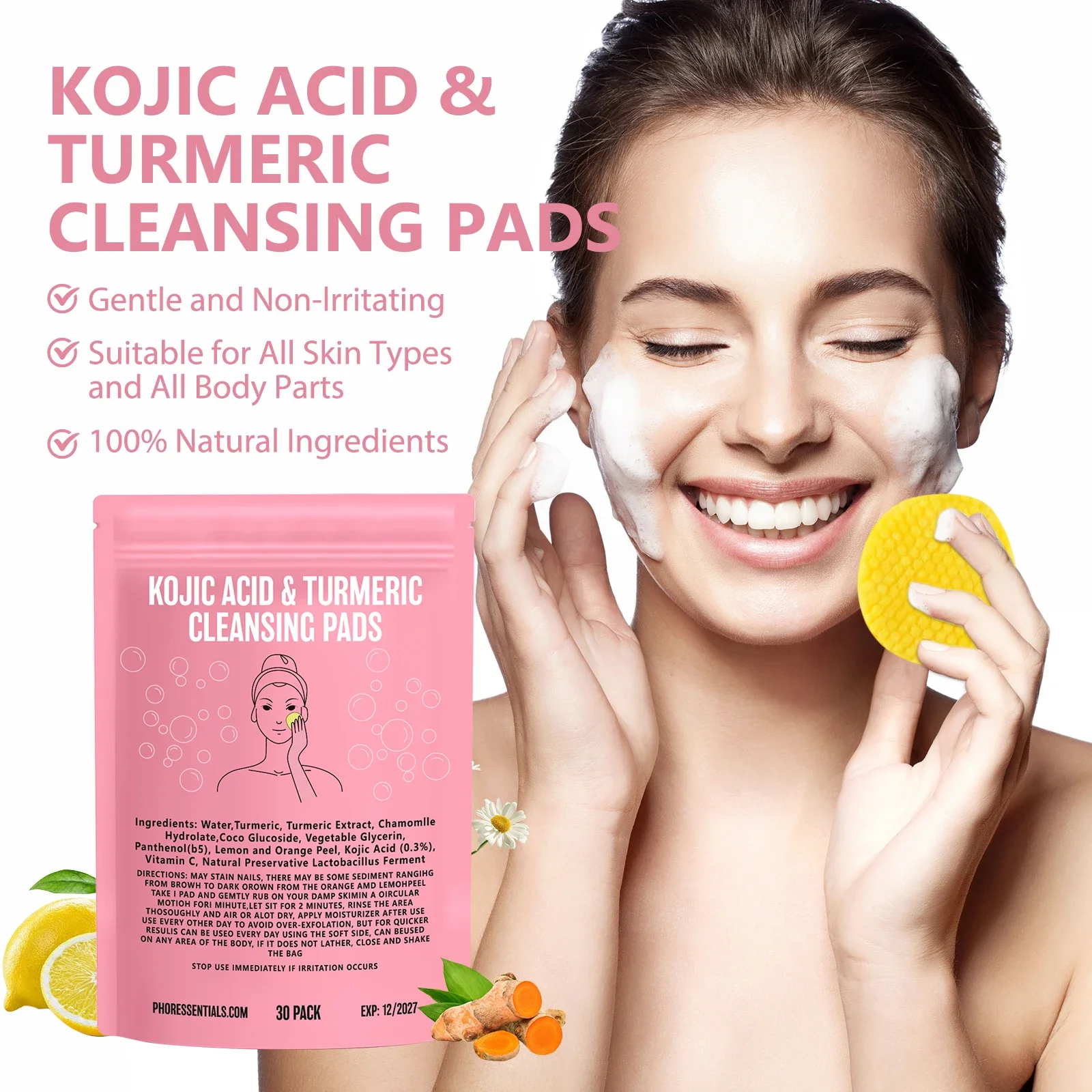 

30pcs Turmeric Kojic Acid Cleansing Pads Gentle Exfoliating Pads Facial Sponges For Cleansing Exfoliating Daily Cleaning Wipes