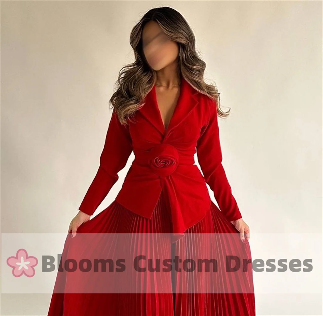 Blooms Red 2 Piece Handmade Flower Customized Prom Dress Long Sleeves Party Evening Gown Pleated A-Line V-Neck Formal Gown