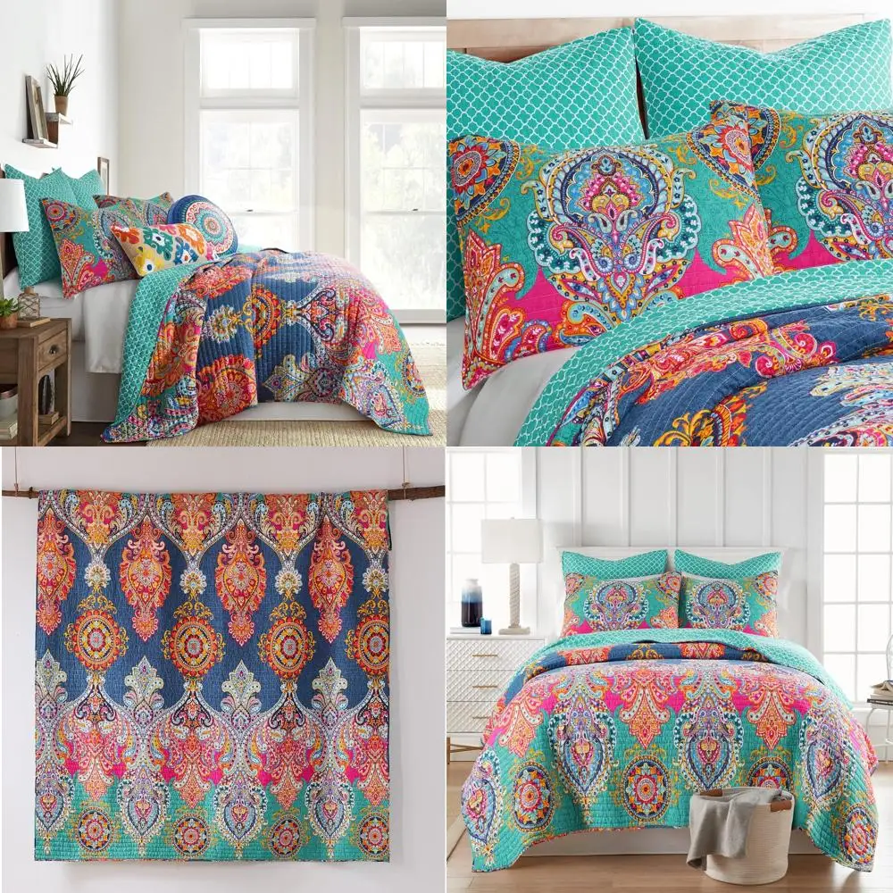 

Fantasia Bohemian Quilt Set with King Size Quilt and Pillow Shams in Teal, Orange, and Yellow