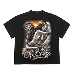 Harley Motorcycle Skull Beauty joint youth printed cotton short sleeve T-shirt summer men's and women's motorcycle sports Tees