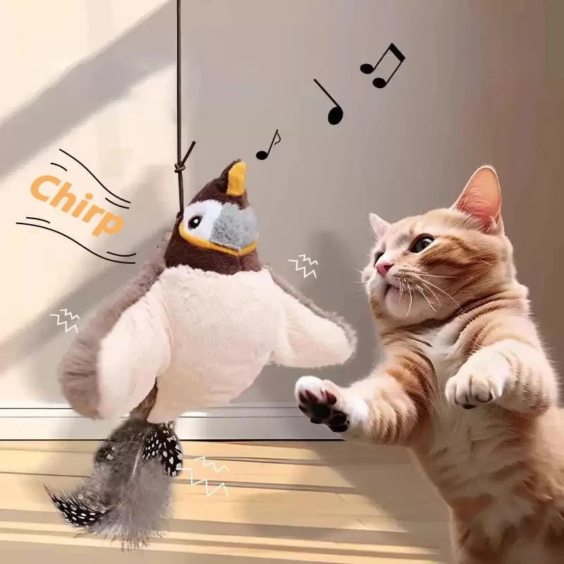 

Indoor Interactive Bird Cat Toy with Sound Catnip Teaser Wall Hanging Feather Chasing Play for Kitten Self Entertainment