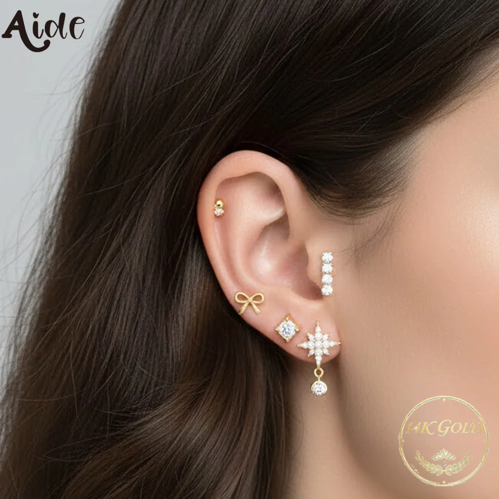 

Серьги-гвоздики Aide из настоящего золота 14K с цирконами в форме банта, сердца, звезды, многофункциональные, для самостоятельной сборки, минималистичные украшения