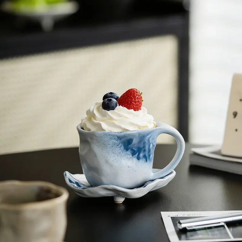 DSA retro ceramic coffee cup, Japanese-style hand-pinched wabi-sabi and saucer set, kiln-changed household , afternoon tea mug