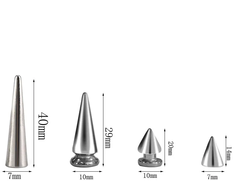 100 conjuntos de prata cone picos 4 tamanhos parafuso volta studs punk rock bala rebites para diy roupas couro artesanato