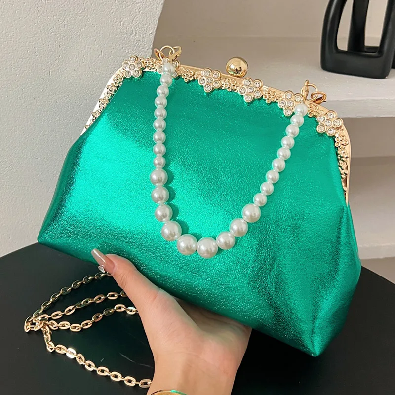 2024 Luxury Women Gold Green Pearl Chain Messenger Bags PU Leather Shoulder Bags Shell Designer Handbag And Purse Wedding Clutch