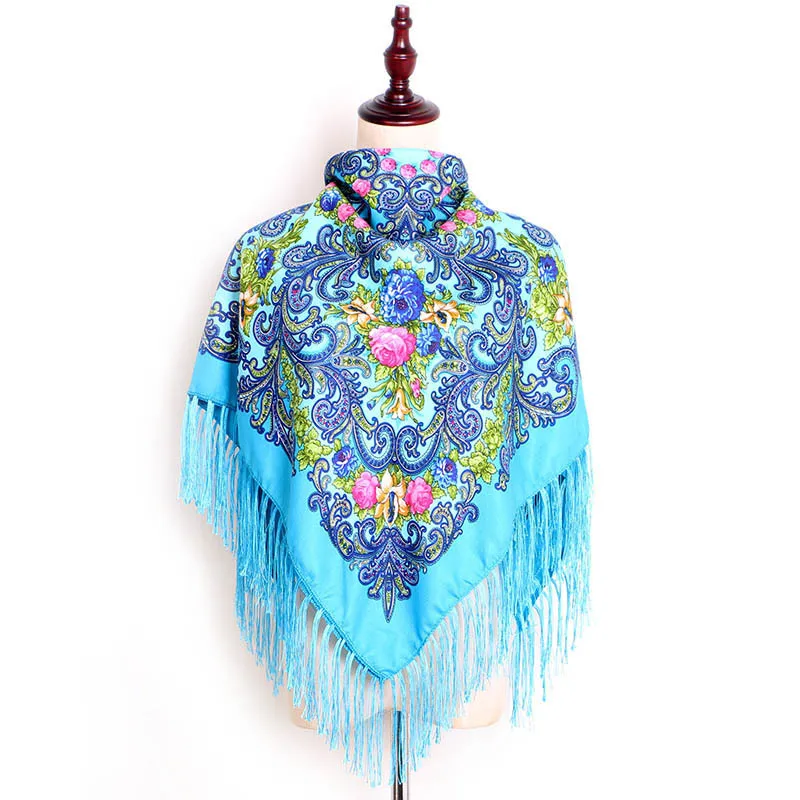 Russian Style Square Scarf Women Floral Print Bandana Shawl Ethnic Fringed Ukrainian Shawl Babushka Handkerchief Lady Pashmina