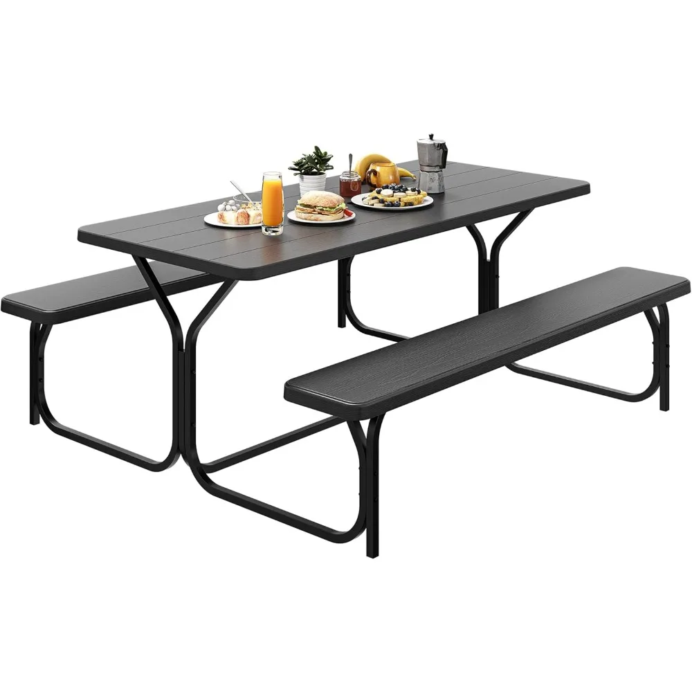 

6ft Outdoor Picnic Table with Wood-like Tabletop, Sturdy Steel Frame and Umbrella Opening, Heavy Duty Picnic Table