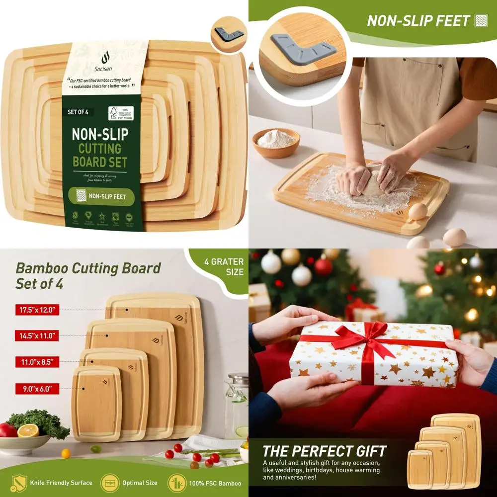 

Non-Slip Bamboo Cutting Board Set - Perfect Birthday, Christmas, Valentine's & Father's Day Gifts for Men & Husbands