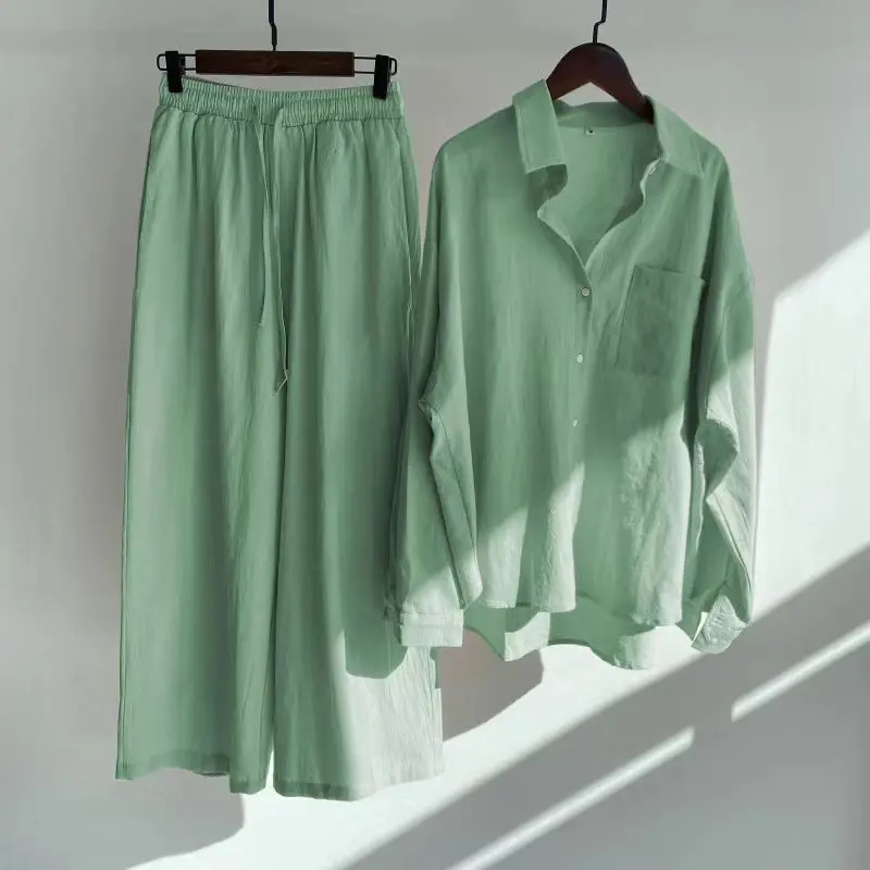 Loose Solid Color Cardigan Shirt Wide Leg Pants Women\'s 2-piece Set Of Retro Cotton Linen Shirt High Waist Long Pants Set Outfit