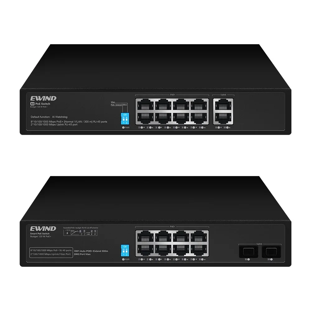 2026 EWIND 8 منافذ POE Switch 10/100/1000Mbps محول إيثرنت مع 2 1000M Uplink Ports Network لكاميرا IP AI Smart Switch