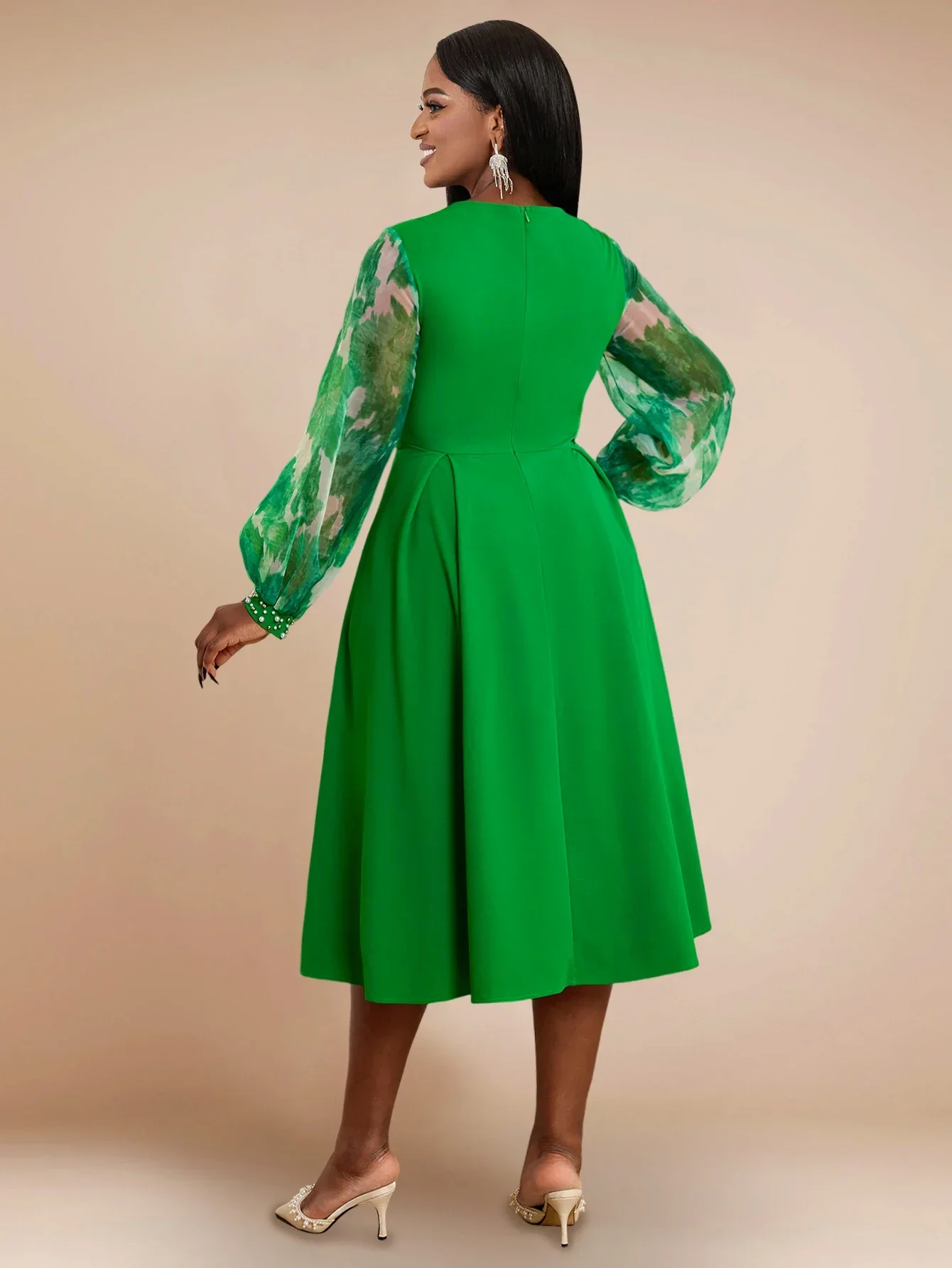 Green A Line Midi Dress for Women O Neck with Beaded See Through Mesh Long Sleeve High Waist Fit-and-Flare Dresses for Ladies